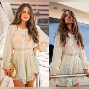 LoveShackFancy Mini Dress Tiered Long Sleeve Ruffle Rainbow Pastel size small